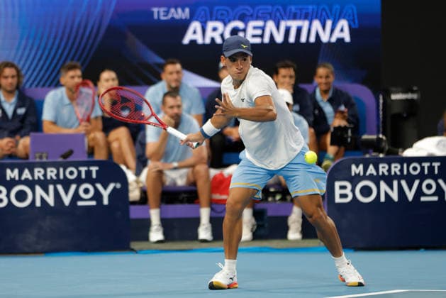 TENNIS UNITED CUP PERTH, Sebastian Baez of Argentina in action against Stan Wawrinka of Switzerland during the United Cup quarter-final match between Argentina and Switzerland at RAC Arena in Perth, Wednesday, January 7, 2026. ( NO ARCHIVING, EDITORIAL USE ONLY PERTH Western Australia Australia  Copyright: xRICHARDxWAINWRIGHTx 20260107165301383359