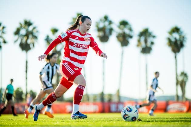 Belgian Hannah Eurlings is seen playing a soccer match for Union Berlin at the winter training camp of Belgian soccer team KAA Gent, in Oliva, Spain, Wednesday 07 January 2026. JASPERxJACOBS  x154285255x