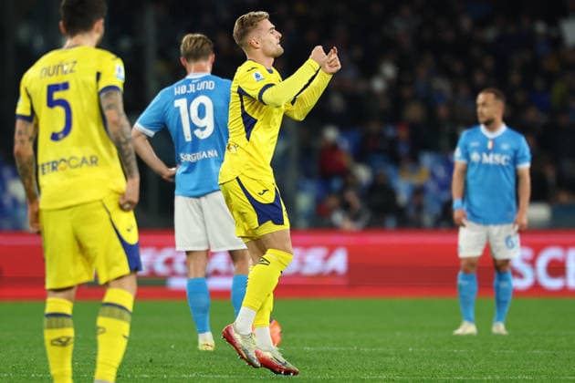 Martin Frese of Hellas Verona celebrates after scoring the goal of 0-1 during the Serie A 2025 2026 football match between SSC Napoli and Hellas Verona at Diego Armando Maradona stadium in Naples (Italy), January 7, 2026. cesarexpurini