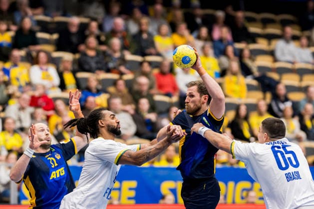 260107 Oscar Bergendahl and Albin Lagergren of Sweden as well as Bryan Monte and Guilherme Borges of Brazil during the international friendly handball match between Sweden and Brazil on January 7, 2026 in Partille Photo Mathias Bergeld BILDBYRAN kod MB MB1272 handball handball handball international friendly sverige sweden brazil bbeng träningsmatch träningslandskamp  Copyright: MATHIASxBERGELD BB260107MB029