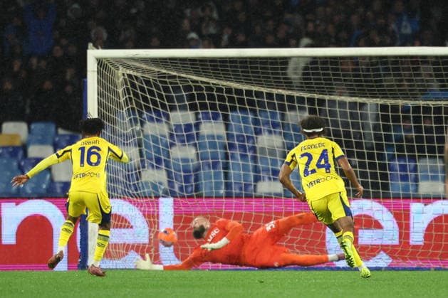 Gift Orban of Hellas Verona scores on penalty the goal of 0-2 during the Serie A 2025 2026 football match between SSC Napoli and Hellas Verona at Diego Armando Maradona stadium in Naples (Italy), January 7, 2026. cesarexpurini