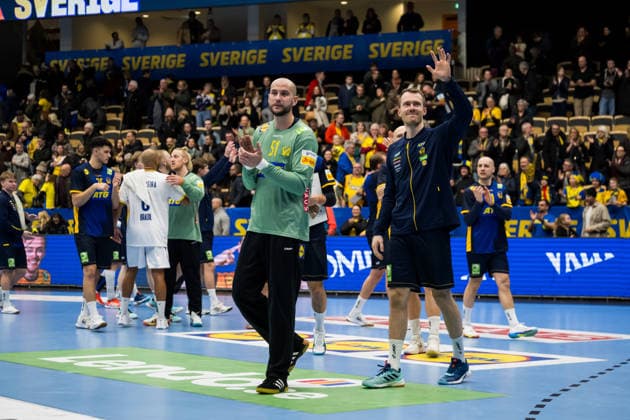 260107 Goalkeeper Fabian Norsten and Felix Claar of Sweden celebrate after the international friendly handball match between Sweden and Brazil on January 7, 2026 in Partille Photo Mathias Bergeld BILDBYRAN kod MB MB1272 handball handball handball international friendly sverige sweden brazil bbeng träningsmatch träningslandskamp celebrate jubel  Copyright: MATHIASxBERGELD BB260107MB042