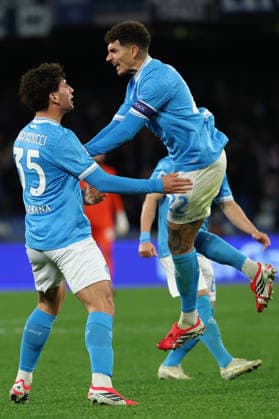 Giovanni Di Lorenzo of SSC Napoli celebrates with Luca Marianucci after scoring the goal of 2-2 during the Serie A 2025 2026 football match between SSC Napoli and Hellas Verona at Diego Armando Maradona stadium in Naples (Italy), January 7, 2026. cesarexpurini