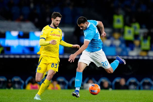 Roberto Gagliardini (Hellas Verona) and Eljif Elmas (SSC Napoli) battle for the ball, Serie A, SSC Napoli v Hellas Verona FC, Diego Maradona, January 7, 2026, Napoli, Italy.
