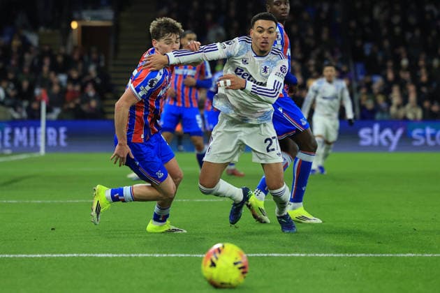 Crystal Palace v Aston Villa, Premier League Aston Villa midfielder Morgan Rogers (27) battles with Crystal Palace midfielder Justin Devenny (55) during the Premier League match between Crystal Palace and Aston Villa at Selhurst Park, London, UK on 7 January 2026. London Selhurst Park Greater London UK Editorial use only DataCo restrictions apply See www.football-dataco.com , Copyright: xSimonxRoex PSI-23539-0020