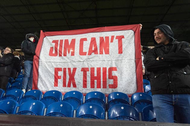 Burnley v Manchester United, ManU Premier League Manchester United fans with a banner referencing Sir Jim Ratcliffe during the Premier League between Burnley and Manchester United at Turf Moor, Burnley 07 01 2026 UK Newspapers OUT Copyright: xMattxWilkinsonx FIL-22757-0029