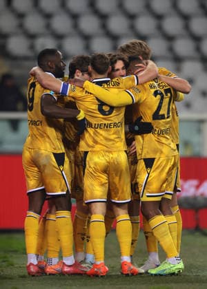 Turin, Italy, 7th January 2026. Nicolo Zaniolo of Udinese Calcio celebrates with team mates after scoring to give the side a 1-0 lead during the Torino vs Udinese Serie A match at Stadio Grande Torino, Turin. Picture credit should read: Jonathan Moscrop Sportimage EDITORIAL USE ONLY. No use with unauthorised audio, video, data, fixture lists, club league logos or live services. Online in-match use limited to 120 images, no video emulation. No use in betting, games or single club league player publications. SPI_032_JM_TORO_UDINESE_ SPI-4408-0032