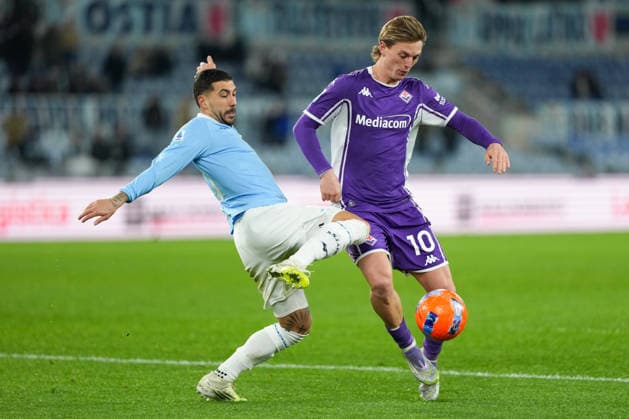Mattia Zaccagni of SS Lazio and Albert Gudmundsson of ACF Fiorentina compete for the ball during the Serie A 2025 2026 football match between SS Lazio and ACF Fiorentina at Stadio Olimpico in Rome (Italy), January 7, 2026. AntoniettaxBaldassarre