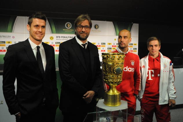 Pep Guardiola - Jurgen Klopp BERLIN, GERMANY - MAY 16: The coach of Bayern Munich Pep Guardiola (R2) and Jurgen Klopp (L2) the coach of Borussia Dortmund hold a joint press conference, PK, Pressekonferenz in Berlin on May 16, 2014. Phlipp Lahm (R) the captain of Bayern and Sebastian Kehl (L) the captain of Dortmund also take part at the meeting. Berlin Germany. Editorial use only. Please get in touch for any other usage.  Copyright: x2025xAnadoluxErbilxBasayx