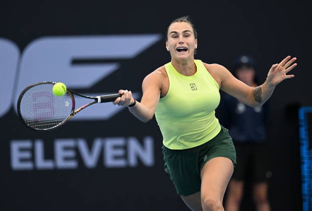 TENNIS BRISBANE INTERNATIONAL, Aryna Sabalenka of Belarus in action against Sorana Cirstea of Romania during day five of the Brisbane International tennis tournament at Pat Rafter Arena in Brisbane, Thursday, January 8, 2026. ( NO ARCHIVING, EDITORIAL USE ONLY BRISBANE QUEENSLAND AUSTRALIA  Copyright: xDARRENxENGLANDx 20260108112350101222