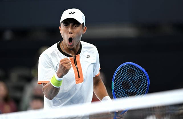 TENNIS BRISBANE INTERNATIONAL, Rinky Hijikata of Australia celebrates a point against Giovanni Mpetshi Perricard of France during day five of the Brisbane International tennis tournament at Pat Rafter Arena in Brisbane, Thursday, January 8, 2026. ( NO ARCHIVING, EDITORIAL USE ONLY BRISBANE QUEENSLAND AUSTRALIA  Copyright: xDARRENxENGLANDx 20260108167028485934