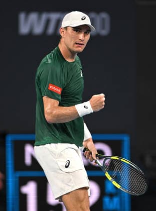 TENNIS BRISBANE INTERNATIONAL, Raphael Collignon of Belgium celebrates during his match against Grigor Dimitrov of Bulgaria on day 5 of the Brisbane International tennis tournament at Pat Rafter Arena in Brisbane, Thursday, January 8, 2026. ( NO ARCHIVING, EDITORIAL USE ONLY BRISBANE QUEENSLAND AUSTRALIA  Copyright: xDAVExHUNTx 20260108188252722180