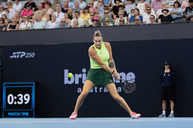 January 8, 2026, Brisbane, Qld, Australia: ARYNA SABALENKA of Belarus plays a backhand during her WomenÃ¢â‚¬â ¢s Singles round of 16 match against SORANA CIRSTEA of Romania at the Brisbane International. Brisbane Australia - ZUMAt173 20260108_zsp_t173_022 Copyright: xStephanexThomasx