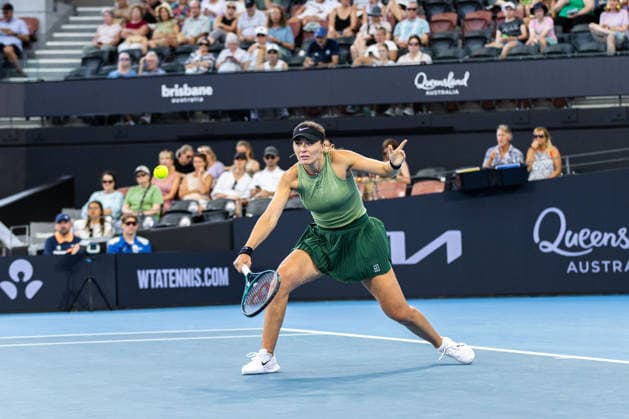 January 8, 2026, Brisbane, Qld, Australia: PAULA BADOSA of Spain plays a backhand during her WomenÃ¢â‚¬â ¢s Singles round of 16 match against ELENA RYBAKINA of Kazakhstan at the Brisbane International. Brisbane Australia - ZUMAt173 20260108_zsp_t173_024 Copyright: xStephanexThomasx