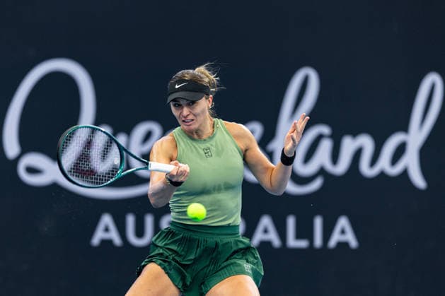 January 8, 2026, Brisbane, Qld, Australia: PAULA BADOSA of Spain plays a forehand during her WomenÃ¢â‚¬â ¢s Singles round of 16 match against ELENA RYBAKINA of Kazakhstan at the Brisbane International. Brisbane Australia - ZUMAt173 20260108_zsp_t173_025 Copyright: xStephanexThomasx