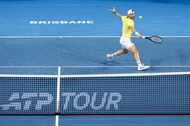 January 8, 2026, Brisbane, Qld, Australia: GRIGOR DIMITROV of Bulgaria plays a backhand volley during his MenÃ¢â‚¬â ¢s Singles round of 16 match against RAPHAEL COLLIGNON of Belgium at the Brisbane International. Brisbane Australia - ZUMAt173 20260108_zsp_t173_038 Copyright: xStephanexThomasx