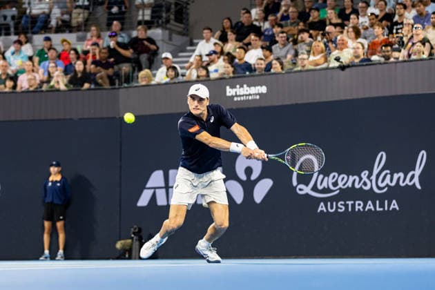 January 8, 2026, Brisbane, Qld, Australia: RAPHAEL COLLIGNON of Belgium plays a backhand during his MenÃ¢â‚¬â ¢s Singles round of 16 match against GRIGOR DIMITROV of Bulgaria at the Brisbane International. Brisbane Australia - ZUMAt173 20260108_zsp_t173_043 Copyright: xStephanexThomasx