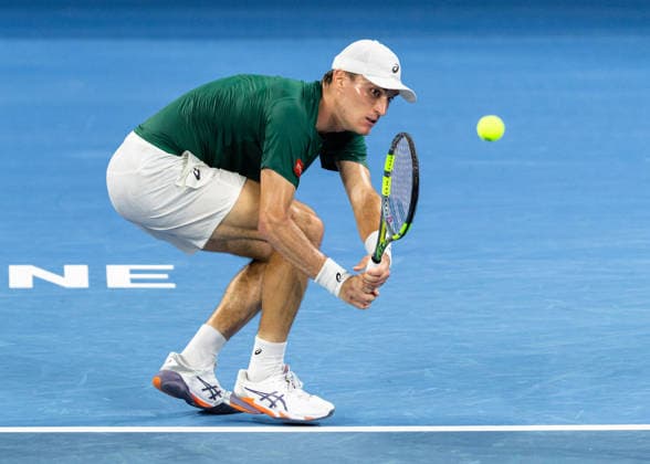 January 8, 2026, Brisbane, Qld, Australia: RAPHAEL COLLIGNON of Belgium plays a backhand during his MenÃ¢â‚¬â ¢s Singles round of 16 match against GRIGOR DIMITROV of Bulgaria at the Brisbane International. Brisbane Australia - ZUMAt173 20260108_zsp_t173_047 Copyright: xStephanexThomasx