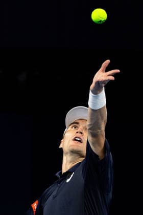 January 8, 2026, Brisbane, Qld, Australia: RAPHAEL COLLIGNON of Belgium serves during his MenÃ¢â‚¬â ¢s Singles round of 16 match against GRIGOR DIMITROV of Bulgaria at the Brisbane International. Brisbane Australia - ZUMAt173 20260108_zsp_t173_058 Copyright: xStephanexThomasx