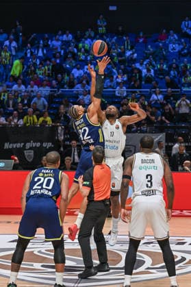 Dubai Basketball v Fenerbahce Beko - EuroLeague DUBAI, UNITED ARAB EMIRATES - JANUARY 8: Khem Birch (L) of Fenerbahce and Mfiondu Kabengele (R) of Dubai Basketball compete for the ball during the EuroLeague 2025-26 season game between Dubai Basketball and Fenerbahce Beko at the Coca Cola Arena in Dubai, United Arab Emirates on January 8, 2026. Waleed Zein Anadolu Dubai United Arab Emirates. Editorial use only. Please get in touch for any other usage.  Copyright: x2026xAnadoluxWaleedxZeinx