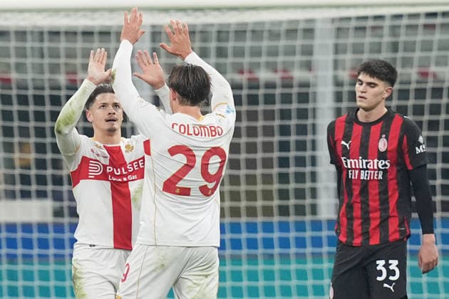 Genoa™s Lorenzo Colombo celebrates after scoring 1-0 during the Serie A soccer match between Ac Milan and Genoa at the San Siro Stadium in Milan , north Italy - Thursday , January 08 , 2025. - Soccer .  Copyright: xSpada LaPressex