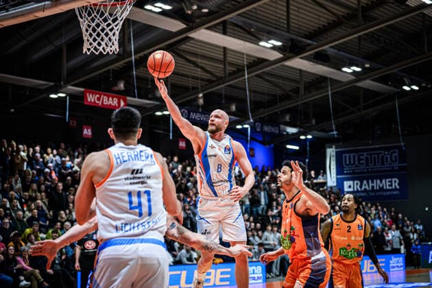 easycredit BBL Basketball Bundesliga 2025 2026 15 Matchday 08 01 2026 Science City Jena vs ROSTOCK SEAWOLVES Center Robin Christen Jena with the basketball Sparkassen Arena
