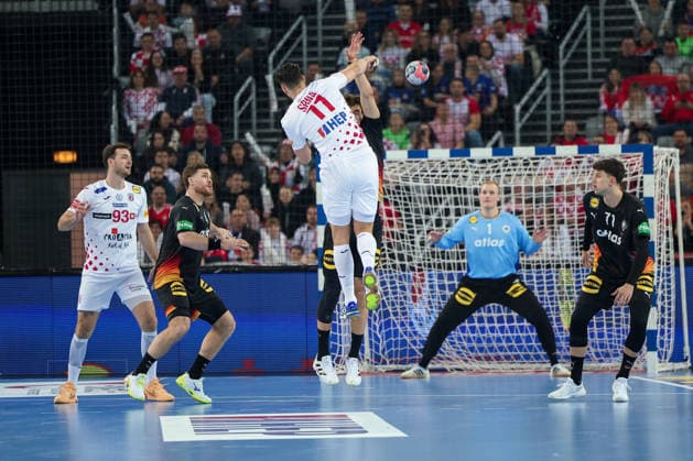 ZAGREB, CROATIA - JANUARY 8, 2026: Friendly match between Croatia and Germany, preparation for EURO 2026. SRNA Zvonimir (11) shooting at goal. NACINOVIC Veron (93), SPATH David (1), GRGIC Marko (71). 