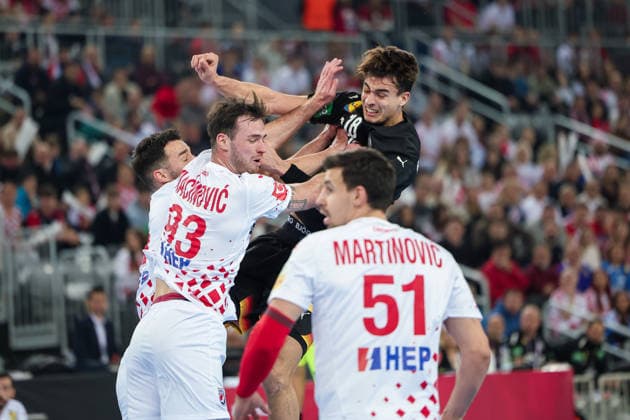 ZAGREB, CROATIA - JANUARY 8, 2026: Friendly match between Croatia and Germany, preparation for EURO 2026. KOSTER Julian (18), NACINOVIC Veron (93), MARTINOVIC Ivan (51) 