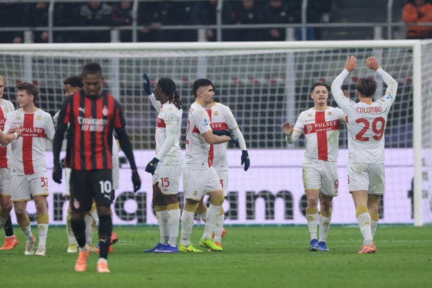 Milan, Italy, 8th January 2026. Lorenzo Colombo of Genoa CFC reacts with team mates after scoring against his former team to give the visitors a 1-0 lead during the AC Milan vs Genoa Serie A match at Giuseppe Meazza, Milan. Picture credit should read: Jonathan Moscrop Sportimage EDITORIAL USE ONLY. No use with unauthorised audio, video, data, fixture lists, club league logos or live services. Online in-match use limited to 120 images, no video emulation. No use in betting, games or single club league player publications. SPI_024_JM_MILAN_GENOA_ SPI-4409-0025