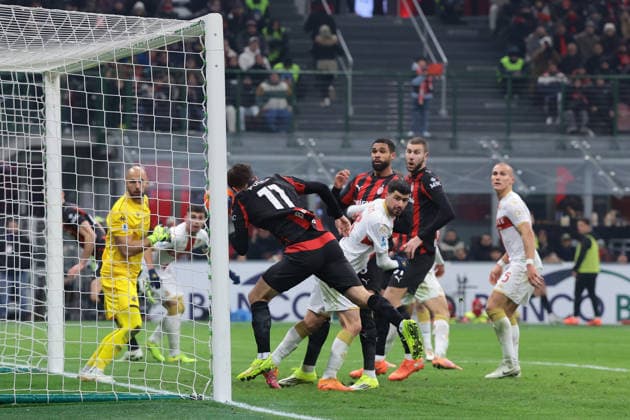 Milan, Italy, 8th January 2026. Christian Pulisic of AC Milan forces the ball over the line but the effort was subsequently disallowed for handball following a VAR check during the AC Milan vs Genoa Serie A match at Giuseppe Meazza, Milan. Picture credit should read: Jonathan Moscrop Sportimage EDITORIAL USE ONLY. No use with unauthorised audio, video, data, fixture lists, club league logos or live services. Online in-match use limited to 120 images, no video emulation. No use in betting, games or single club league player publications. SPI_040_JM_MILAN_GENOA_ SPI-4409-0040