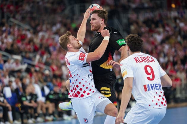 ZAGREB, CROATIA - JANUARY 8, 2026: Friendly match between Croatia and Germany, preparation for EURO 2026. GOLLA Johannes (4), MANDIC David (39), KLARICA Luka Lovre (9) 