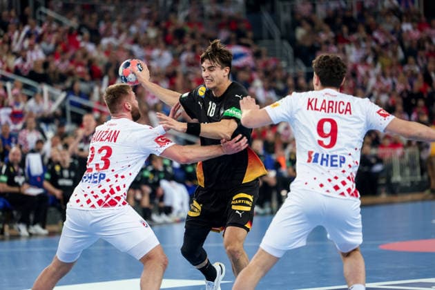 ZAGREB, CROATIA - JANUARY 8, 2026: Friendly match between Croatia and Germany, preparation for EURO 2026. KOSTER Julian (18), RAUZAN Zlatko (23), KLARICA Luka Lovre (9), 