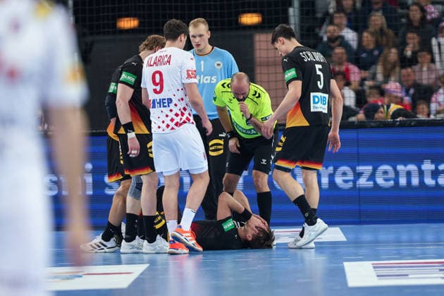 ZAGREB, CROATIA - JANUARY 8, 2026: Friendly match between Croatia and Germany, preparation for EURO 2026. KOSTER Julian (18) injured on the floor. 