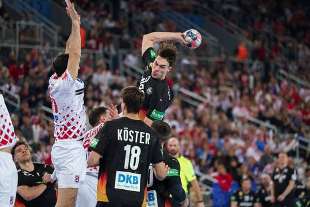 ZAGREB, CROATIA - JANUARY 8, 2026: Friendly match between Croatia and Germany, preparation for EURO 2026. SCHLUROFF Miro (5) shooting at goal 