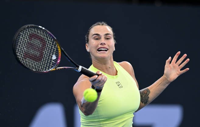 TENNIS BRISBANE INTERNATIONAL, Aryna Sabalenka of Belarus in action against Madison Keys of the USA during the quarter-finals of the Brisbane International tennis tournament at Pat Rafter Arena in Brisbane, Friday, January 9, 2026. ( NO ARCHIVING, EDITORIAL USE ONLY BRISBANE QUEENSLAND AUSTRALIA  Copyright: xDARRENxENGLANDx 20260109110753162006