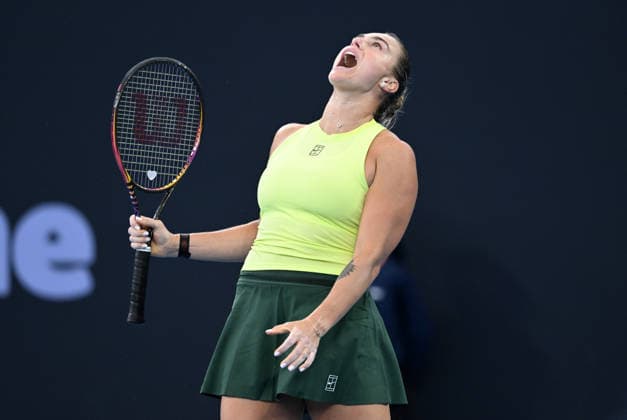 TENNIS BRISBANE INTERNATIONAL, Aryna Sabalenka of Belarus reacts against Madison Keys of the USA during the quarter-finals of the Brisbane International tennis tournament at Pat Rafter Arena in Brisbane, Friday, January 9, 2026. ( NO ARCHIVING, EDITORIAL USE ONLY BRISBANE QUEENSLAND AUSTRALIA  Copyright: xDARRENxENGLANDx 20260109193426317988