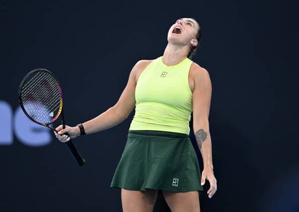 TENNIS BRISBANE INTERNATIONAL, Aryna Sabalenka of Belarus reacts against Madison Keys of the USA during the quarter-finals of the Brisbane International tennis tournament at Pat Rafter Arena in Brisbane, Friday, January 9, 2026. ( NO ARCHIVING, EDITORIAL USE ONLY BRISBANE QUEENSLAND AUSTRALIA  Copyright: xDARRENxENGLANDx 20260109175046149840