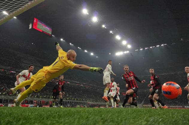(260109) -- MILAN, Jan. 9, 2026 -- Genoa s goalkeeper Nicola Leali (front) fails to save the goal during a Serie A football match between AC Milan and Genoa in Milan, Italy, Jan.8, 2026. (Photo by Xinhua) (SP)ITALY-MILAN-FOOTBALL-SERIE A- AC MILAN VS GENOA AlbertoxLingria 