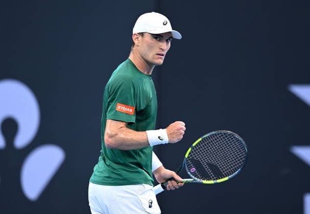 TENNIS BRISBANE INTERNATIONAL, Raphael Collignon of Belgium celebrates against Brandon Nakashima of the USA during the quarter-finals of the Brisbane International tennis tournament at Pat Rafter Arena in Brisbane, Friday, January 9, 2026. ( NO ARCHIVING, EDITORIAL USE ONLY BRISBANE QUEENSLAND AUSTRALIA  Copyright: xDARRENxENGLANDx 20260109197357388678
