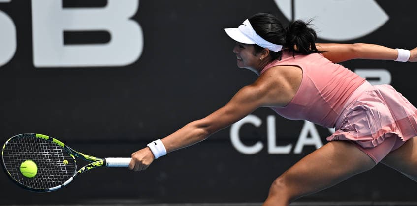 Philippines player Alexandra Eala during her 1 4 final singles match at the 2026 ASB Classic Women™s Tennis Tournament at Manuka Doctor Arena, Auckland, New Zealand. Friday 9 January 2026. Photo: Andrew Cornaga z Auckland New Zealand Copyright: xAndrewxCornaga x