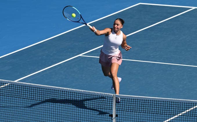 Belgium™s Sofia Costoulas during her 1 4 final singles match at the 2026 ASB Classic Women™s Tennis Tournament at Manuka Doctor Arena, Auckland, New Zealand. Friday 9 January 2026. Photo: Andrew Cornaga z Auckland New Zealand Copyright: xAndrewxCornaga x