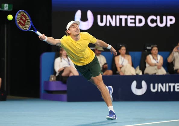 January 9, 2026, Sydney, New South Wales, Australia: ALEX DE MINAUR of Australia in the match against.H. Hurkacz of Poland in the quarterfinal United Cup at Ken Rosewall Arena, Sydney, Australia. Sydney Australia - ZUMAc278 20260109_zsp_c278_026 Copyright: xMarcinxCholewinskix