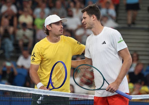January 9, 2026, Sydney, New South Wales, Australia: HUBERT HURKACZ of Poland and ALEX DE MINAUR of Australia before the match in the quarterfinal United Cup at Ken Rosewall Arena, Sydney, Australia. Sydney Australia - ZUMAc278 20260109_zsp_c278_041 Copyright: xMarcinxCholewinskix
