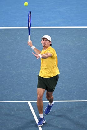 TENNIS UNITED CUP SYDNEY, Alex de Minaur of Australia plays a return shot during the quarterfinal match against Hubert Hurkacz of Poland in the 2026 United Cup at Ken Rosewall Arena in Sydney, Friday, January 9, 2026. ( NO ARCHIVING, EDITORIAL USE ONLY SYDNEY NEW SOUTH WALES AUSTRALIA  Copyright: xDANxHIMBRECHTSx 20260109198045703519