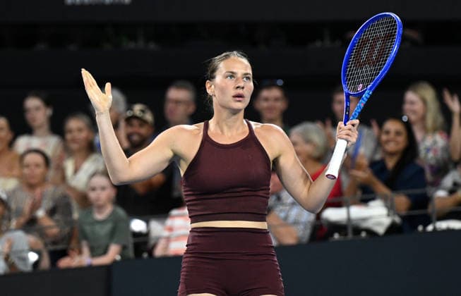 TENNIS BRISBANE INTERNATIONAL, Marta Kostyuk of Ukraine celebrates against Mirra Andreeva of Russia during the quarter-finals of the Brisbane International tennis tournament at Pat Rafter Arena in Brisbane, Friday, January 9, 2026. ( NO ARCHIVING, EDITORIAL USE ONLY BRISBANE QUEENSLAND AUSTRALIA  Copyright: xDARRENxENGLANDx 20260110193160384938