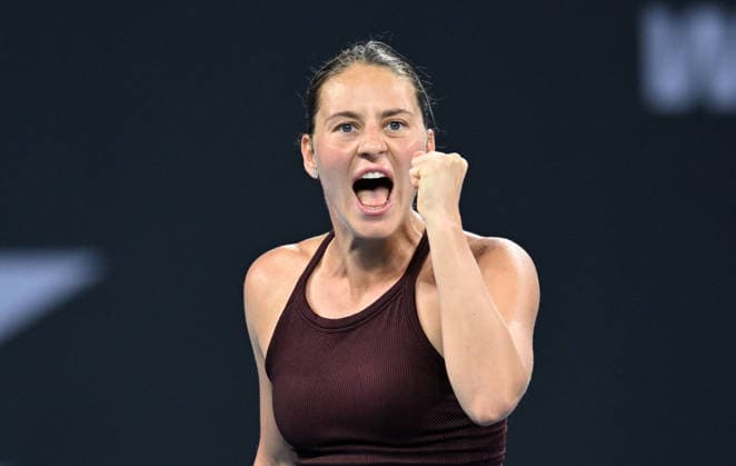 TENNIS BRISBANE INTERNATIONAL, Marta Kostyuk of Ukraine celebrates winning a point against Mirra Andreeva of Russia during the quarter-finals of the Brisbane International tennis tournament at Pat Rafter Arena in Brisbane, Friday, January 9, 2026. ( NO ARCHIVING, EDITORIAL USE ONLY BRISBANE QUEENSLAND AUSTRALIA  Copyright: xDARRENxENGLANDx 20260110119149111647