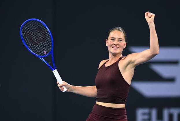 TENNIS BRISBANE INTERNATIONAL, Marta Kostyuk of Ukraine celebrates winning against Mirra Andreeva of Russia during the quarter-finals of the Brisbane International tennis tournament at Pat Rafter Arena in Brisbane, Friday, January 9, 2026. ( NO ARCHIVING, EDITORIAL USE ONLY BRISBANE QUEENSLAND AUSTRALIA  Copyright: xDARRENxENGLANDx 20260110148193484893