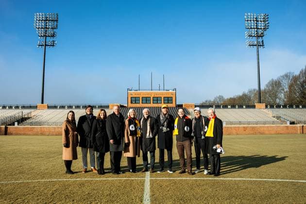 09 01 2026, Soccer World Cup 2026, Announcement of the 2026 DFB team quarters in the USA, The German senior mens national team will move into its team base camp for the 2026 World Cup in Winston Salem in the US state of North Carolina The team of national coach Julian Nagelsmann will stay at The Graylyn Estate hotel and train on the grounds of Wake Forest University, which is just a few minutes away Photo 2 from right Andreas Rettig, DFB Managing Director Sport, center, Susan R Wente, President of Wake Forest University, Coach Julian Nagelsmann Germany , Sports Director Rudi Völler Germany , Photo Wake Forest Athletics