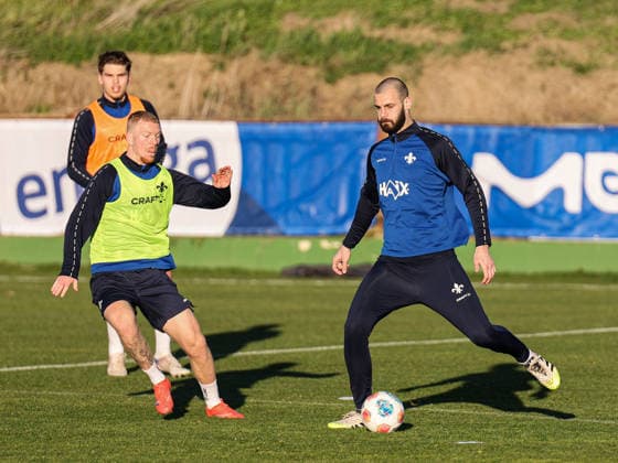 Aleksandar Vukotic on the ball, in front of him Kai Klefisch at the training camp Spain, SV Darmstadt 98 on 09 01 26 in Olivanova, Spain Spain Olivanova Spain Germany Copyright: xAlfioxMarinox