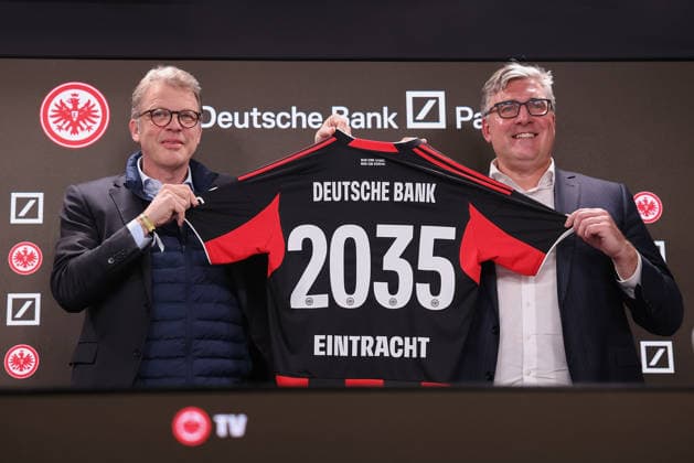 Eintracht Frankfurt and Deutsche Bank extend partnership ahead of schedule until 2035 most comprehensive cooperation agreement in the club s history Media briefing with Christian Sewing (CEO Deutsche Bank) and Axel Hellmann (Spokesman for the Executive Board of Eintracht Frankfurt Fußball AG)with Eintracht Frankfurt jersey before the 1.Bundesliga match between Eintracht Frankfurt and Borussia Dortmund at Deutsche Bank Park in Frankfurt, Germany on January 09, 2026 (DFL DFB REGULATIONS PROHIBIT ANY USE OF PHOTOGRAPHS as IMAGE SEQUENCES and or QUASI-VIDEO) *** Eintracht Frankfurt and Deutsche Bank extend partnership ahead of schedule until 2035 most comprehensive cooperation agreement in the club s history Media briefing with Christian Sewing CEO Deutsche Bank and Axel Hellmann Spokesman for the Executive Board of Eintracht Frankfurt Fußball AG with Eintracht Frankfurt jersey before the 1 Bundesliga match between Eintracht Frankfurt and Borussia Dortmund at Deutsche Bank Park in Frankfurt, Germany on January 09, 2026 DFL DFB REGULATIONS PROHIBIT ANY USE OF PHOTOGRAPHS as IMAGE SEQUENCES and or QUASI VIDEO Copyright: JoaquimxFerreira